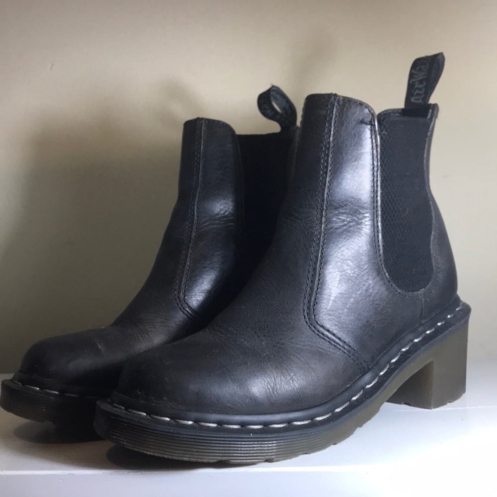 Distressed dark grey heeled Dr. Martins
